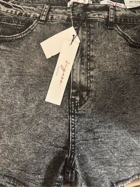 Crystal Embellished Acid Wash Denim Shorts